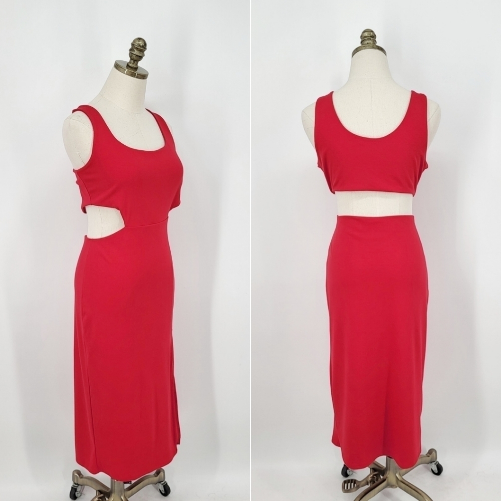 Lulu's Cut Out Midi Dress Bodycon Jersey Stretch Knit Sleeveless Red XL